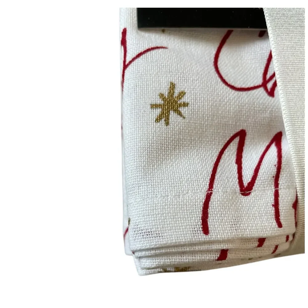 8pc Rachel Zoe Merry Christmas Script Cotton Napkins 18x18 Red Cream Holiday New
